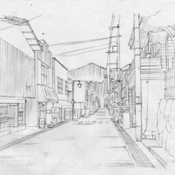 【ものべの】田上俊介による背景ラフ「未使用(大土地の商店街)」(進行豹