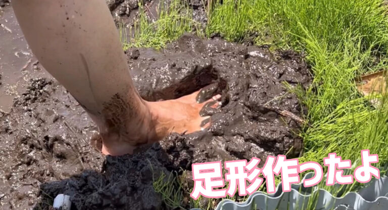田植えをしたら蒸れたので、素足で入ってみたら泥だらけになったよ♡ A sole got sweaty when I planted rice