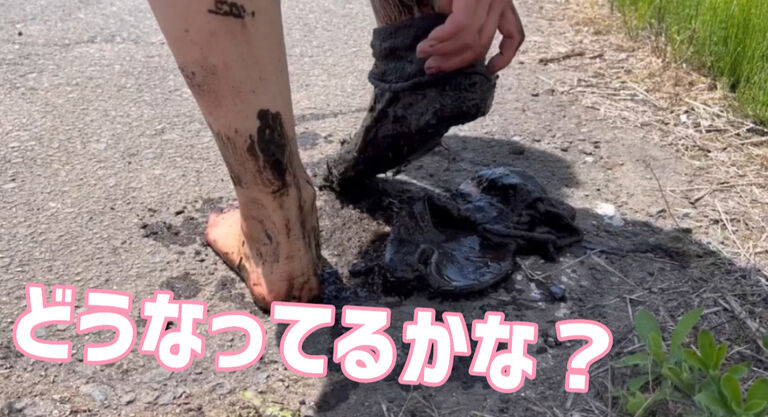 田植えをしたら蒸れたので、素足で入ってみたら泥だらけになったよ♡ A sole got sweaty when I planted rice