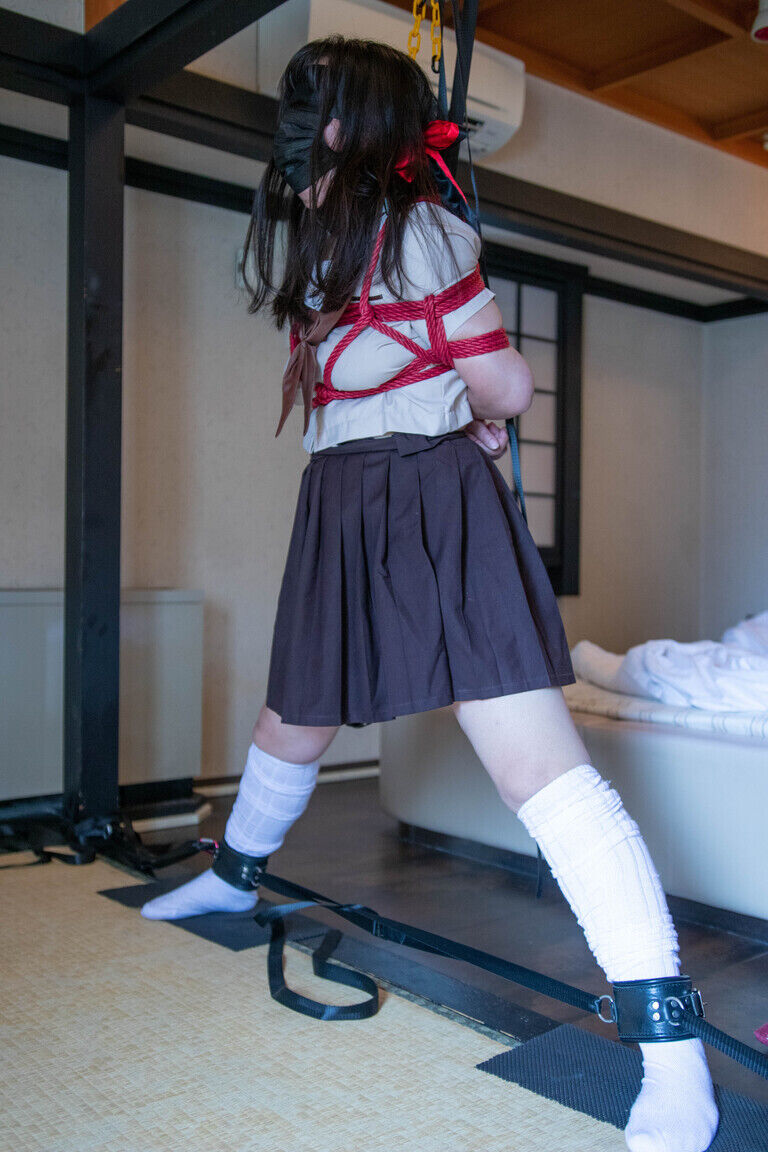 茶セーラー服の女の子が立ったまま開脚で縛られて電気責めやムチ責めに遭う(千依)
